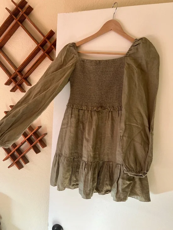 Quince Olive Green Smocked Peasant Mini Dress | 100% Linen - Picture 3 of 6